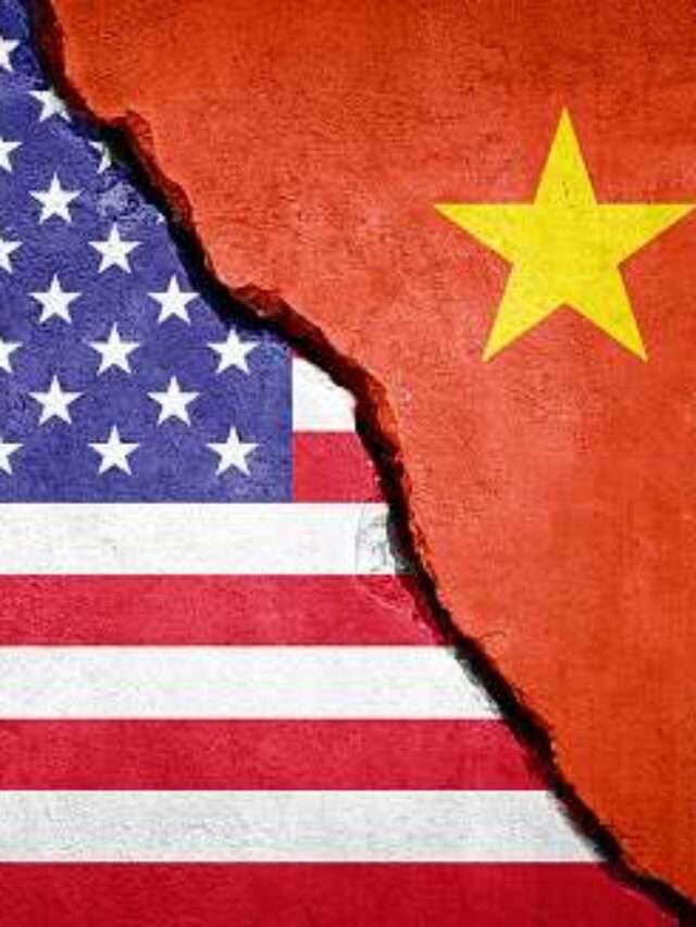 USA and China conflict. Country flags on broken wall. Illustration.