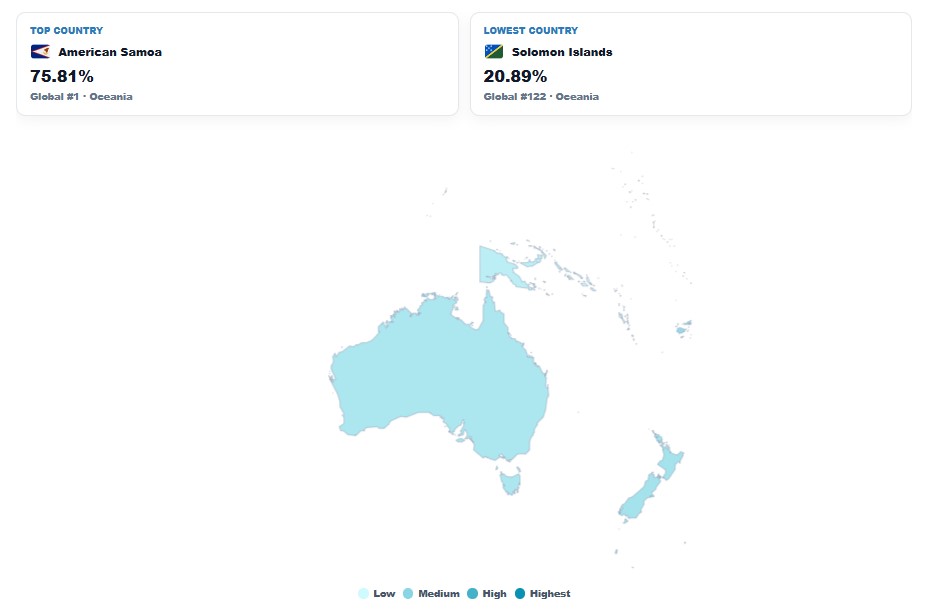 Obesity Rate in Oceania map