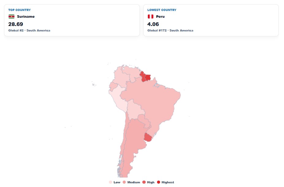 Suicide Rate in South America map