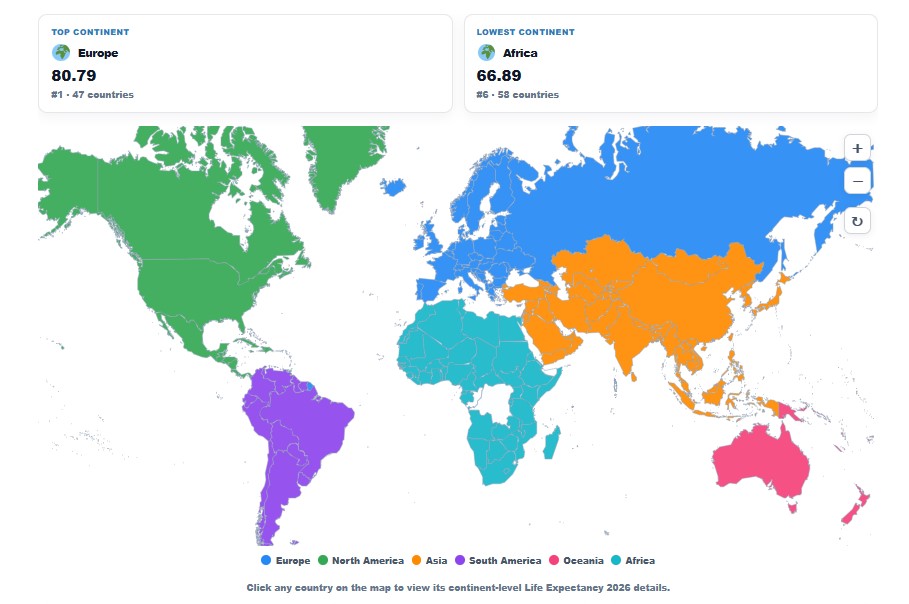 Life Expectancy by Continent map